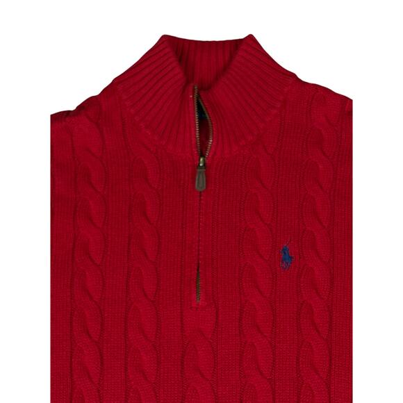 POLO Ralph Lauren Quarter Zip Cable Knit Cotton Sweater Men's Large Red Preppy - Picture 2 of 5